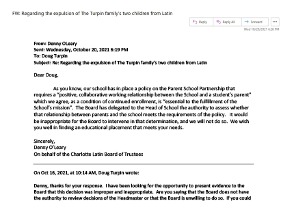 Email screenshot from Denny O'Leary: Subject: Regarding the expulsion of The Turpin family's two children from Latin